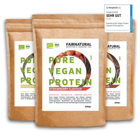 24h Testaktion mit -25% Rabatt: Veganes Bio Proteinpulver 3er Bundle (Sorten frei wählbar)